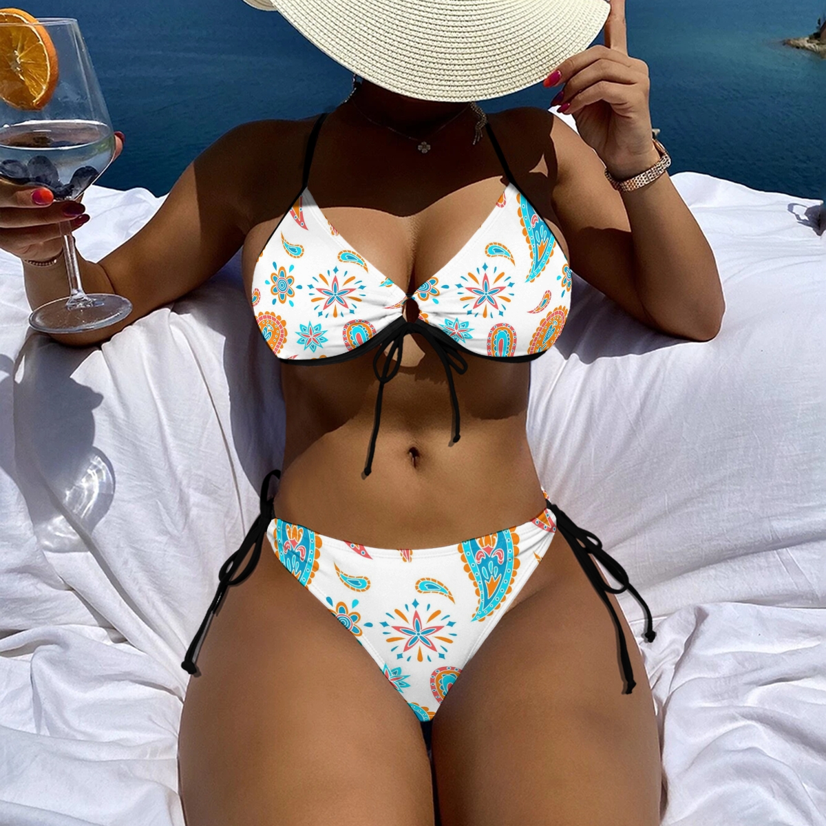 Paisley & Floral Print Halter Bikini Set with Keyhole Tie Front