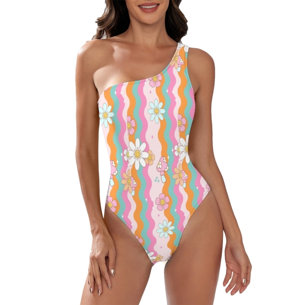 Women’s Floral and Wave Stripe One Shoulder Swimsuit with High Cut Design