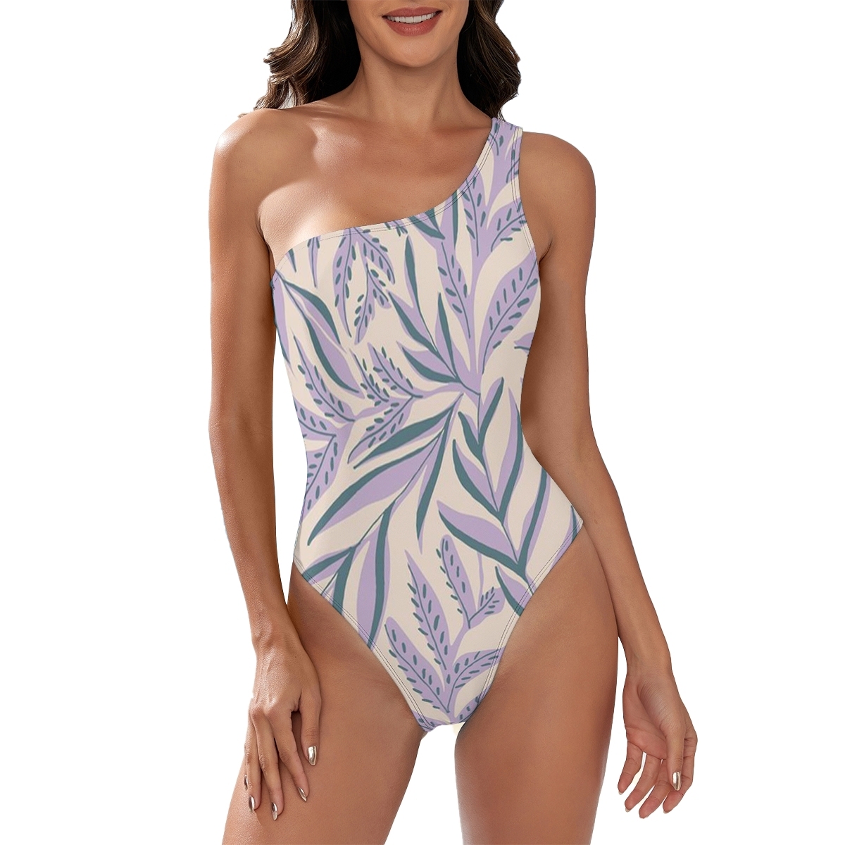 Women’s Asymmetric Swimsuit with Botanical Theme and Fitted Silhouette