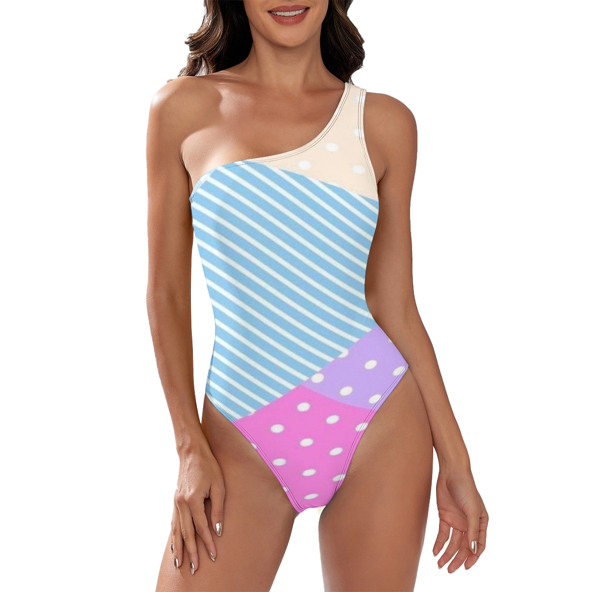 Women’s Patchwork Stripe and Polka Dot One Shoulder Swimsuit