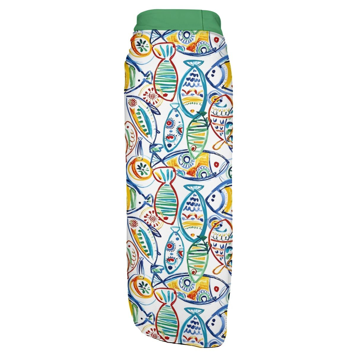 Women’s Wrap Skirt with Colorful Fish Print and Green Tie Waist