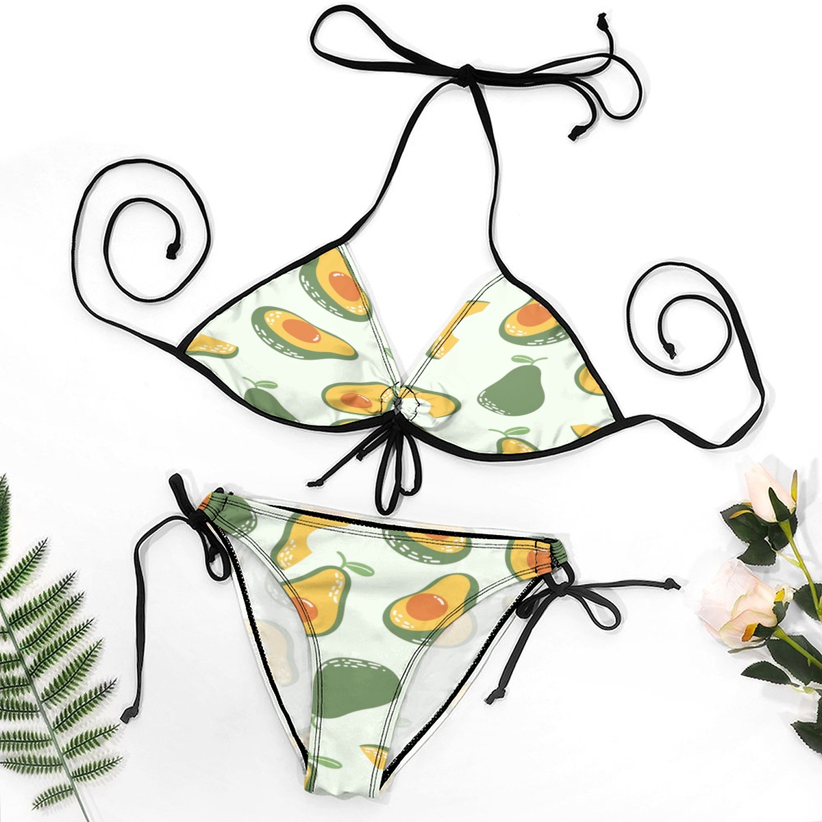 Fruit-Themed Bikini with Green & Yellow Motif and Side Tie Bottoms
