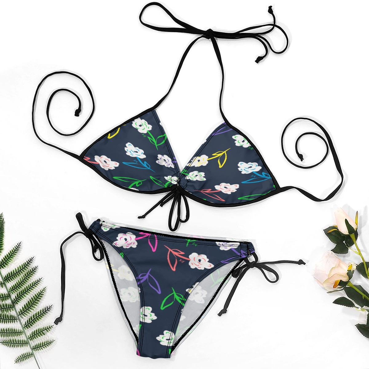 Women's Halter Printed Triangle Bikini with Elegant Floral Motif and Side Tie Bottoms