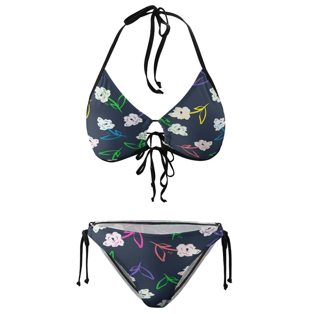 Women's Halter Printed Triangle Bikini with Elegant Floral Motif and Side Tie Bottoms