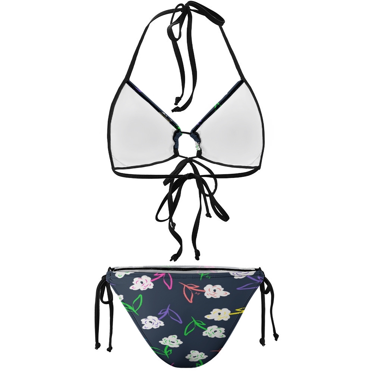 Women's Halter Printed Triangle Bikini with Elegant Floral Motif and Side Tie Bottoms