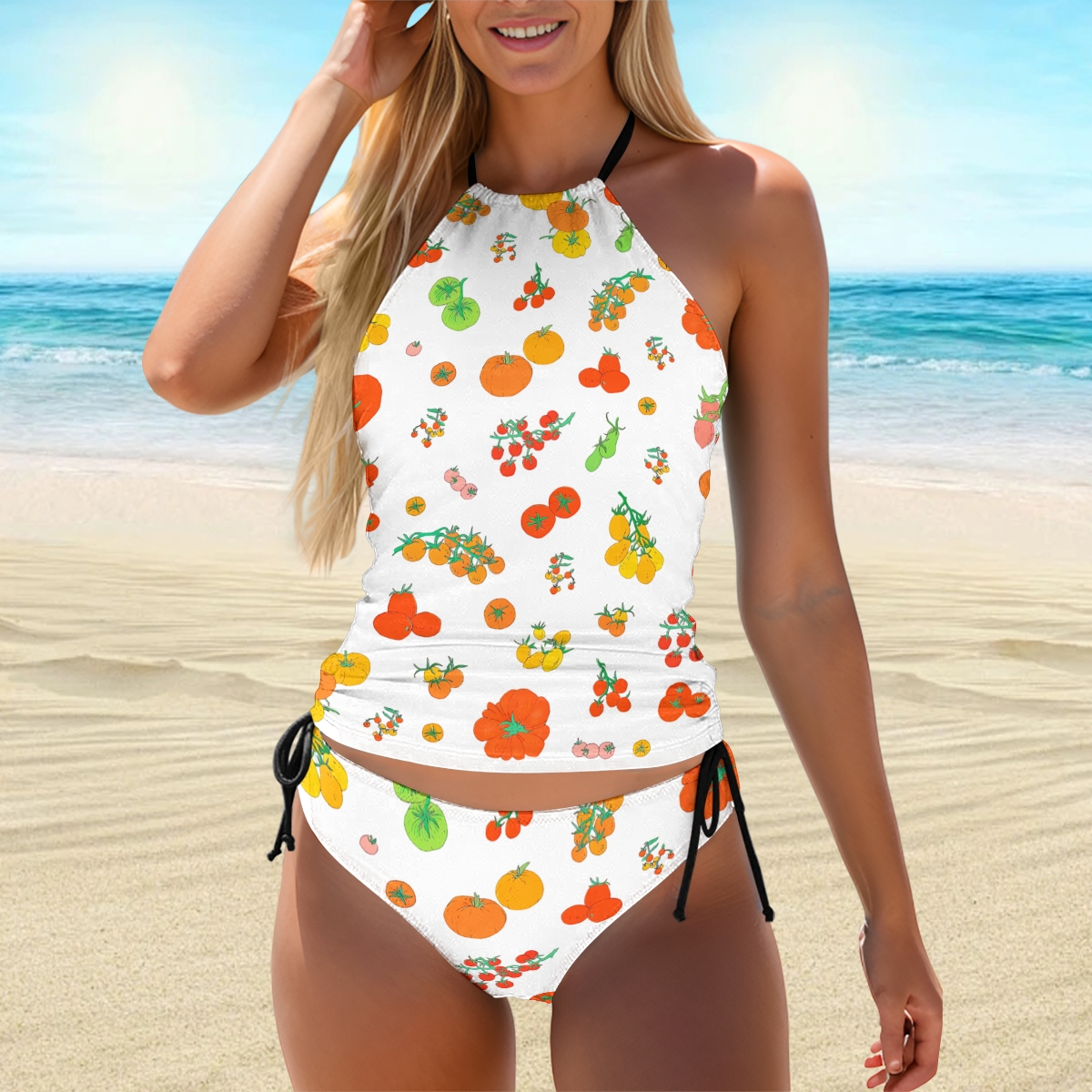 Women’s Fruit Print Halter Bikini Set with Side Tie Bottoms