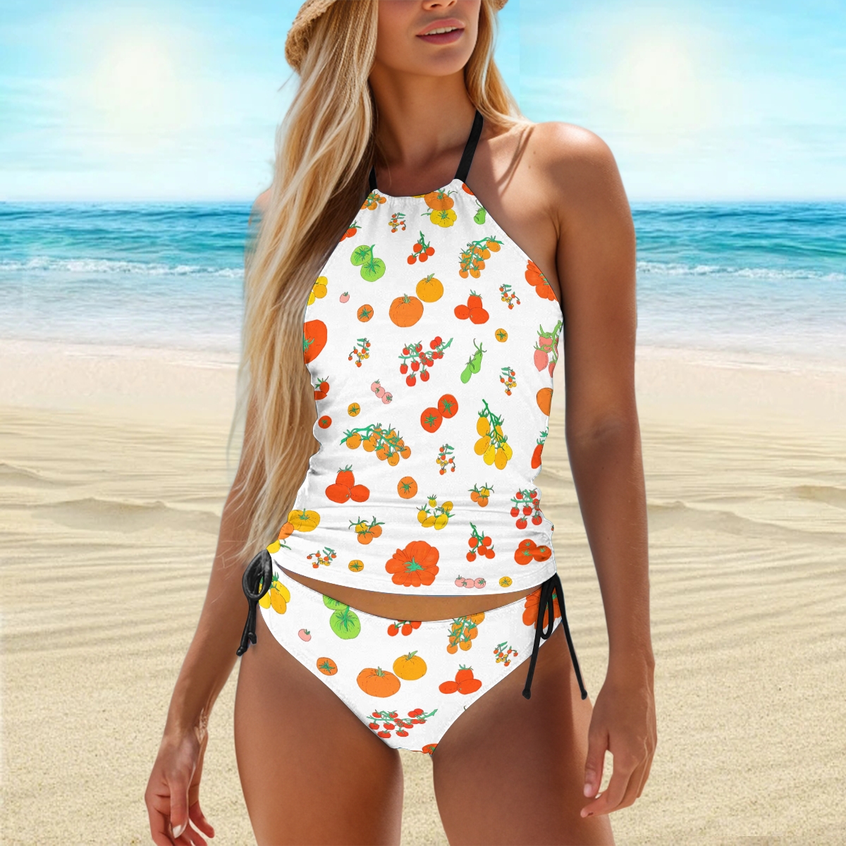 Women’s Fruit Print Halter Bikini Set with Side Tie Bottoms