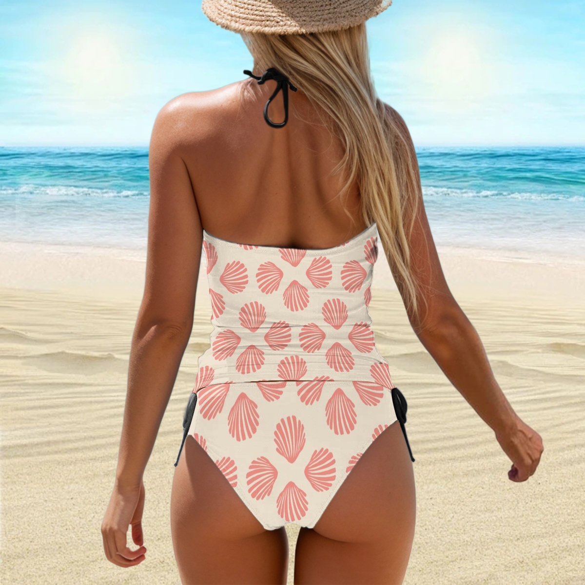 Cream and Pink Seashell Bikini Two Piece Swimsuit for Women Beachwear