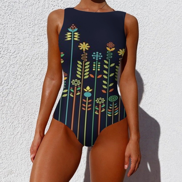 Women’s One Piece Swimsuit with Vertical Floral Print on Dark Background