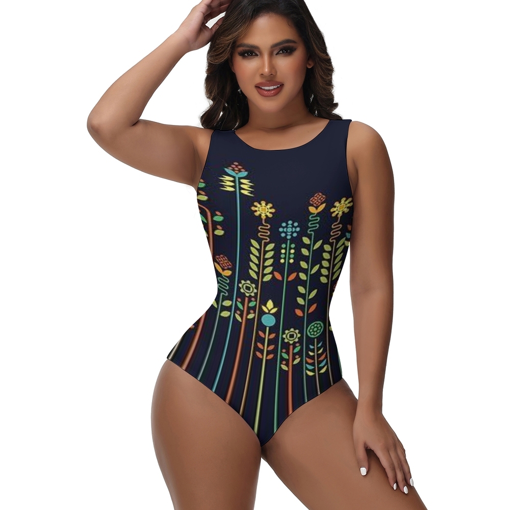 Women’s One Piece Swimsuit with Vertical Floral Print on Dark Background
