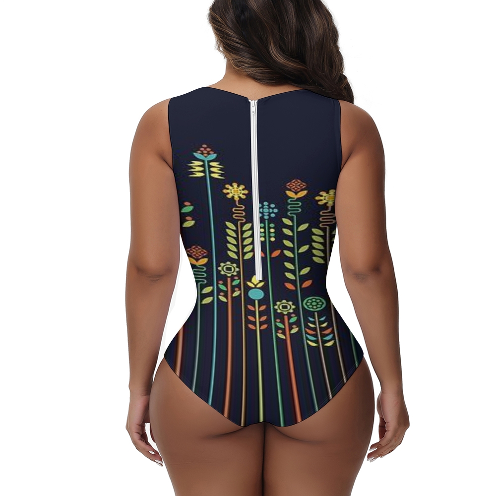 Women’s One Piece Swimsuit with Vertical Floral Print on Dark Background