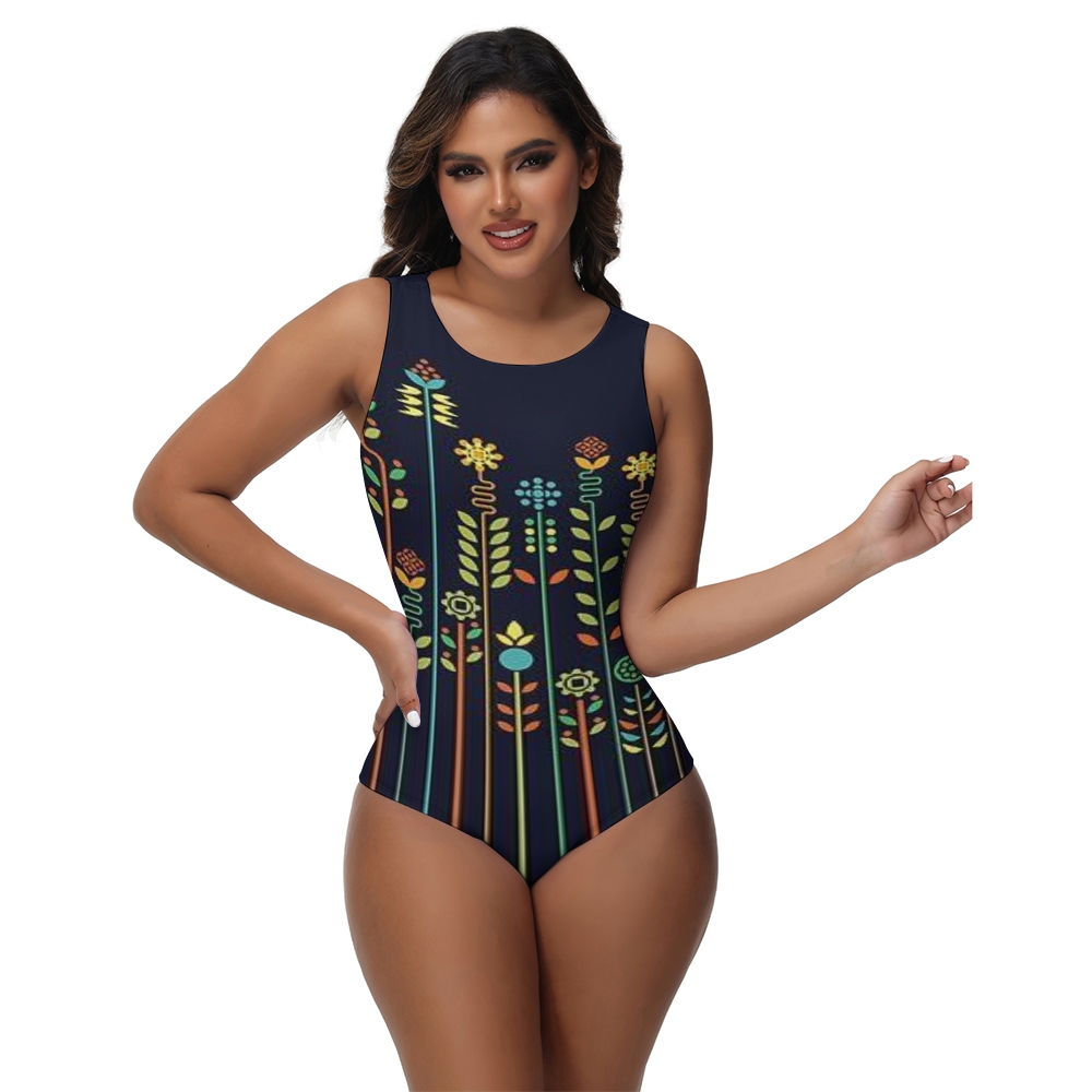Women’s One Piece Swimsuit with Vertical Floral Print on Dark Background