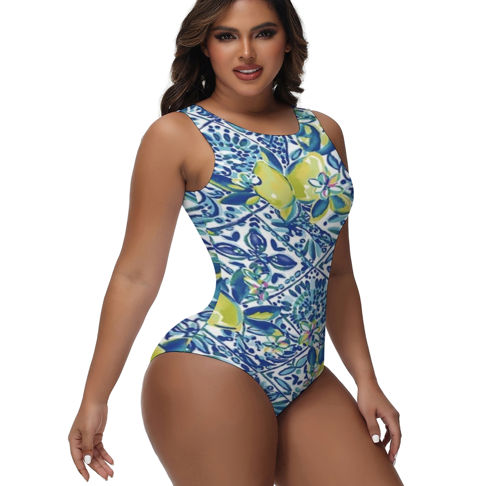 Women’s Mediterranean Lemon Print One Piece Swimsuit with High Neck Design