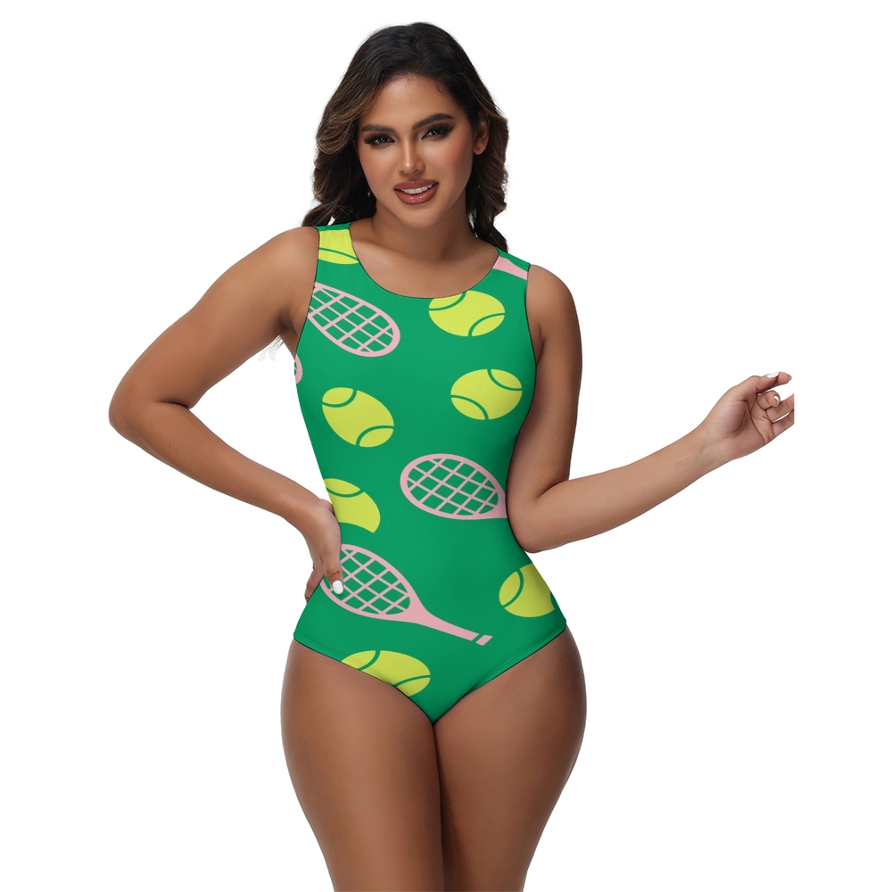 Women’s Tennis Print One Piece Swimsuit with Rackets and Balls Design
