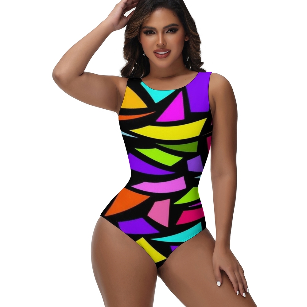 Modern Graphic One Piece Swimsuit with Multicolor Patchwork and High Neckline