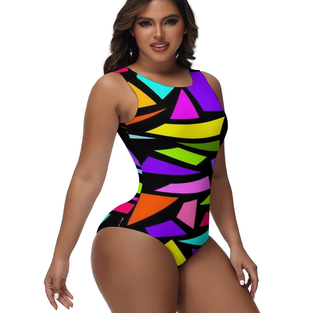 Modern Graphic One Piece Swimsuit with Multicolor Patchwork and High Neckline