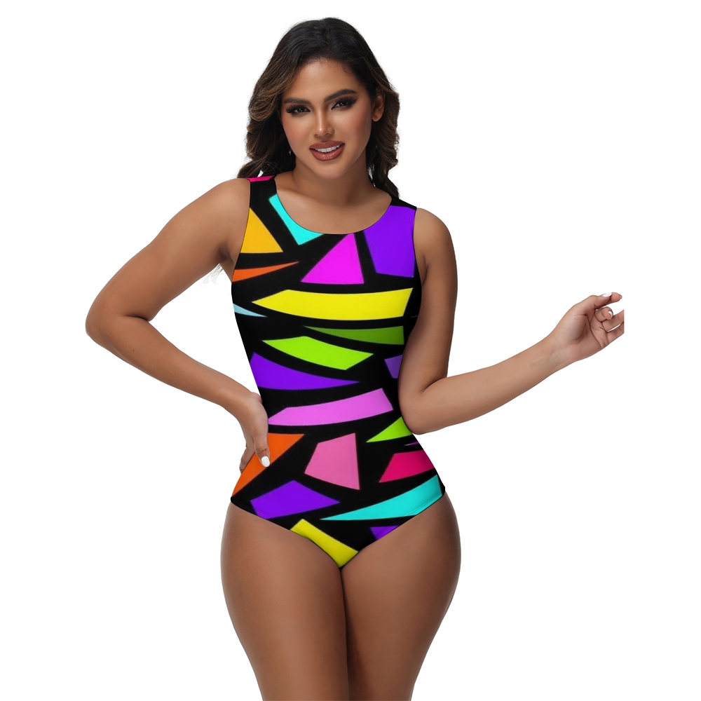 Modern Graphic One Piece Swimsuit with Multicolor Patchwork and High Neckline