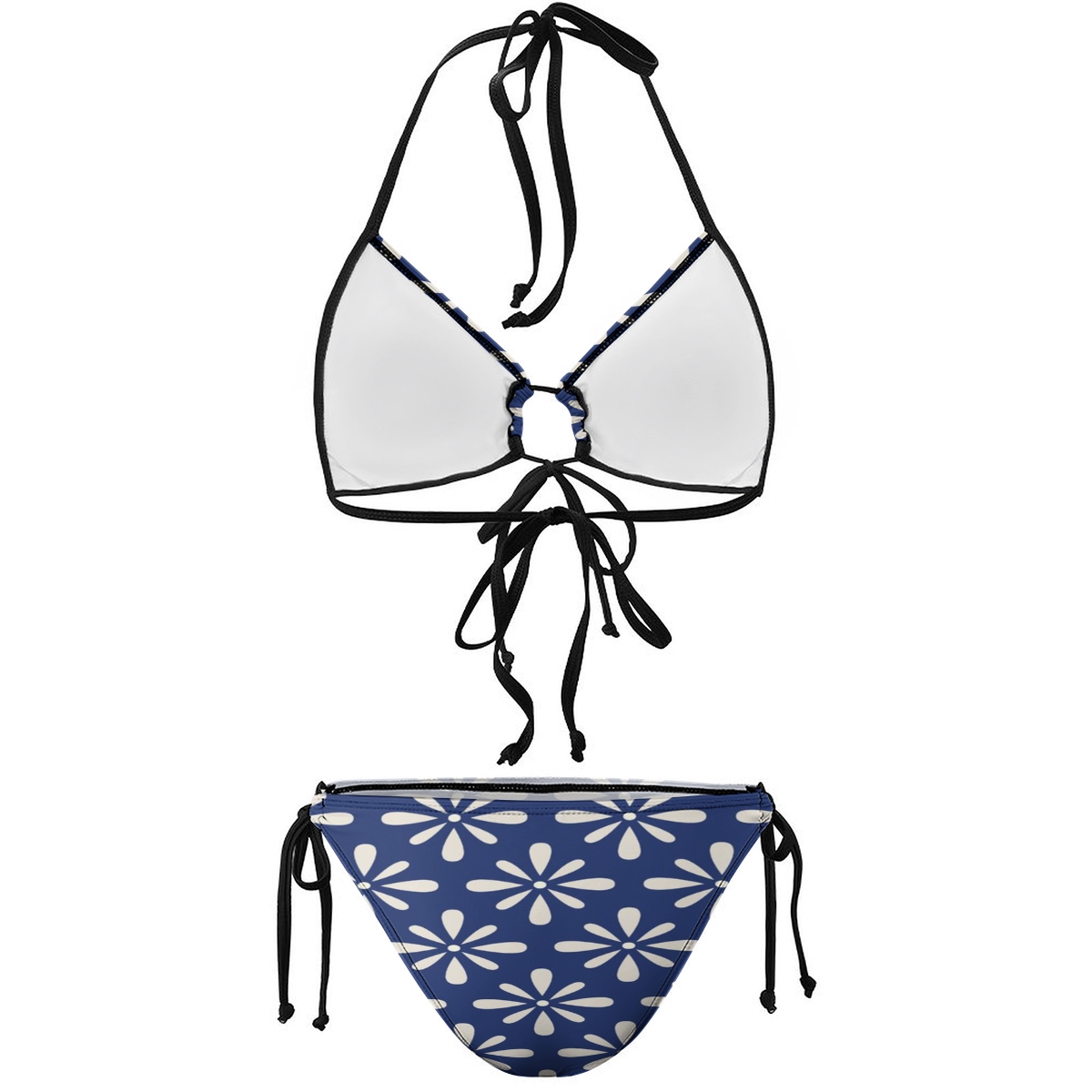 Navy Daisy  Printed Triangle Bikini Set with Keyhole Tie Front