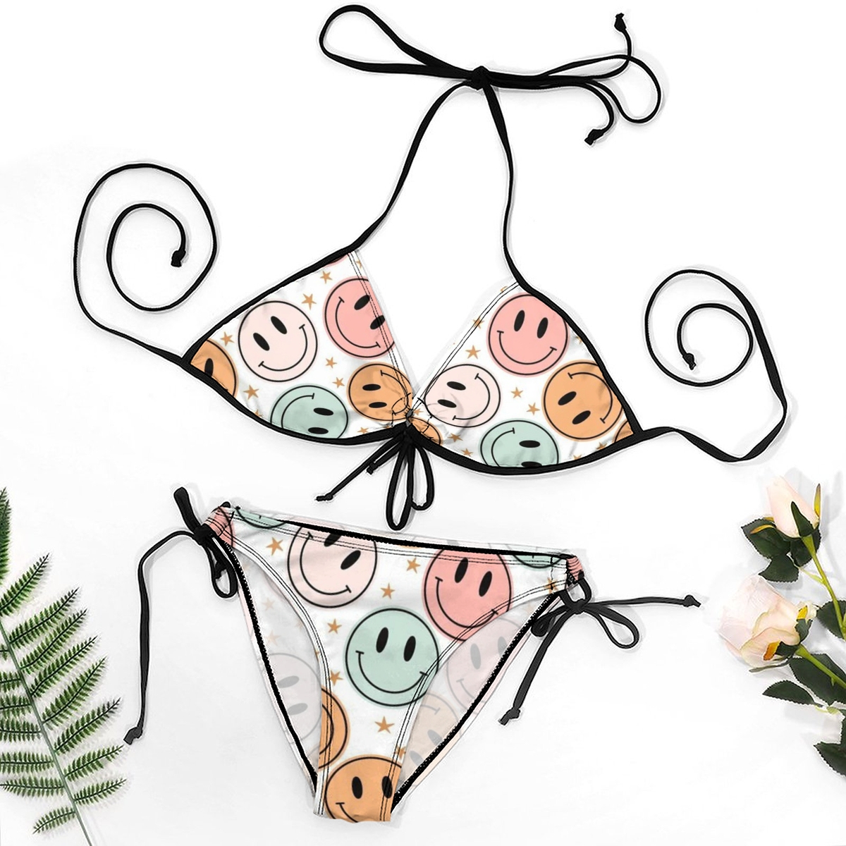 Women's Halter Bikini with Colorful Emoji Vibes and Sleek Silhouette