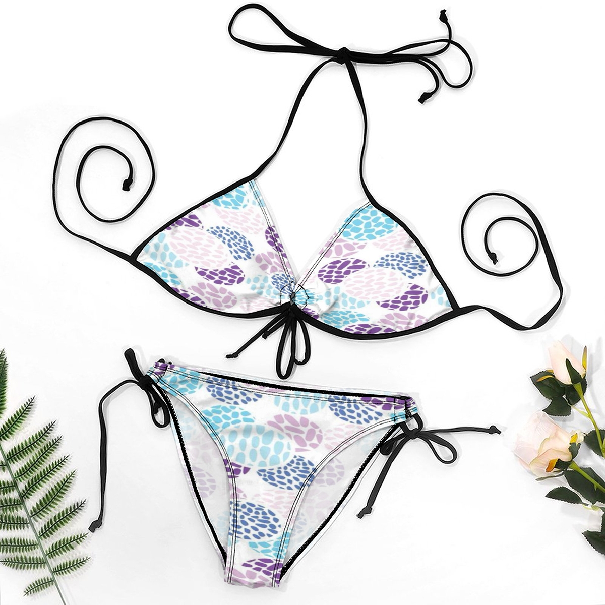 Two-Piece Bikini with Water-Inspired Geometric Motif and Side Tie Bottoms