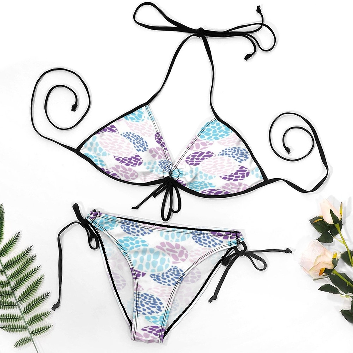 Two-Piece Bikini with Water-Inspired Geometric Motif and Side Tie Bottoms