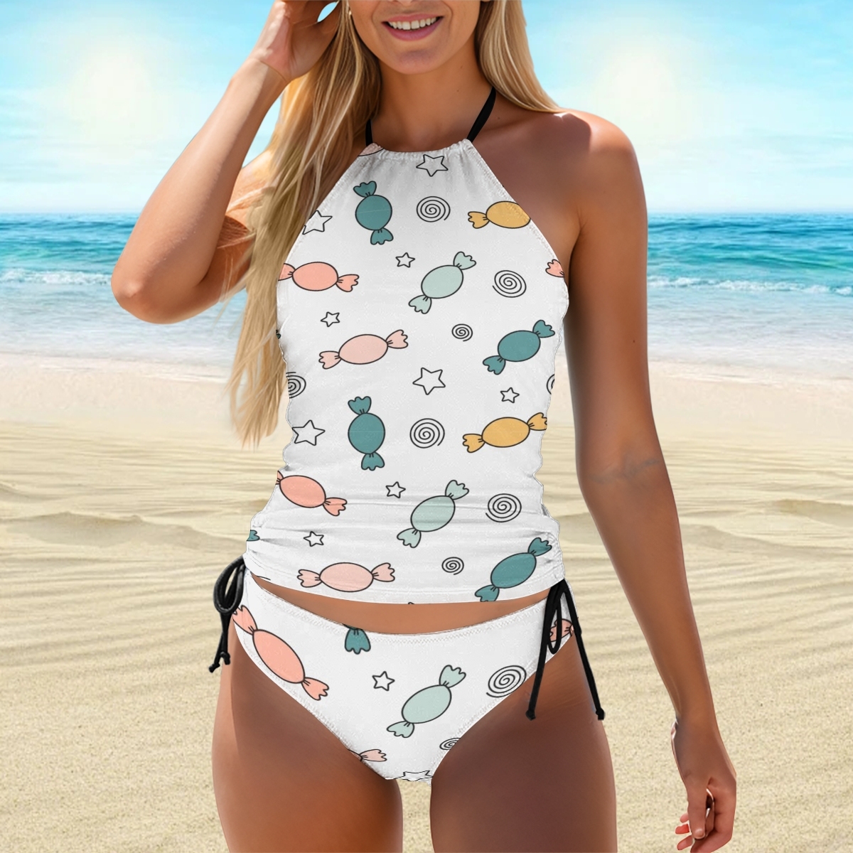 Cute Candy and Star Pattern Tankini Two Piece Swimsuit for Women
