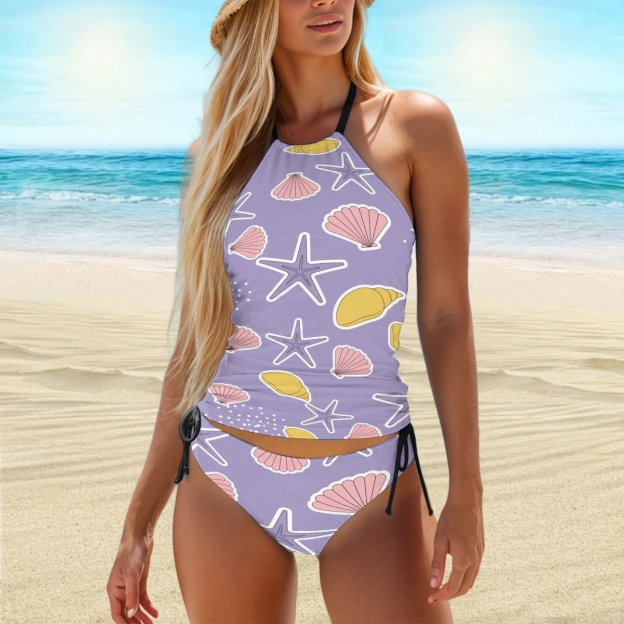 Women’s Sea Life Print Halter Bikini Set with Starfish and Shells