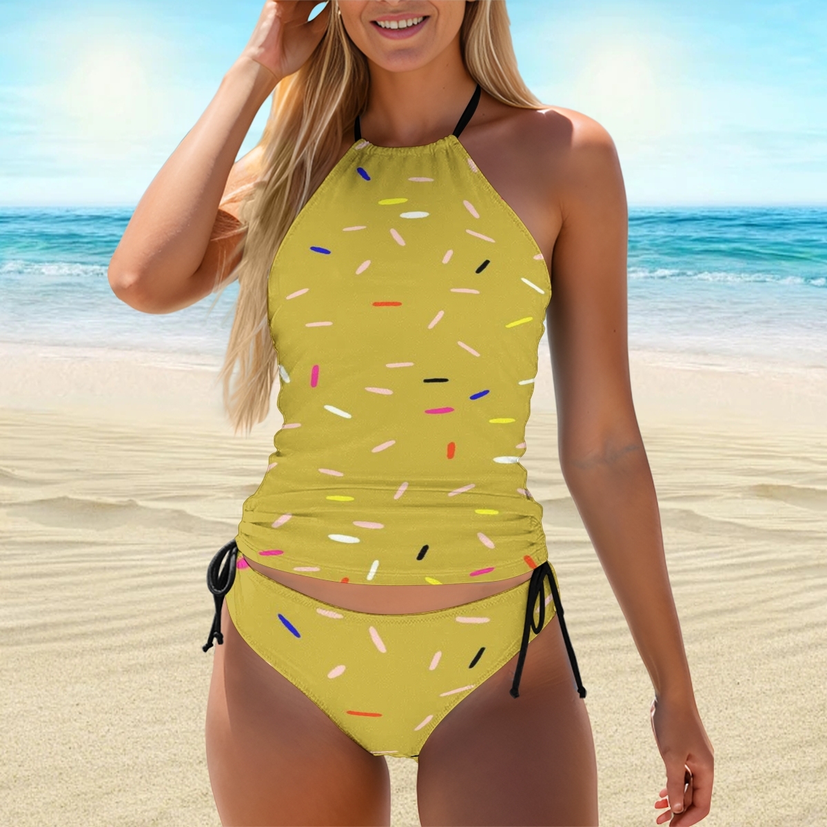 Candy Sprinkle Print Halter Tankini Set for Women