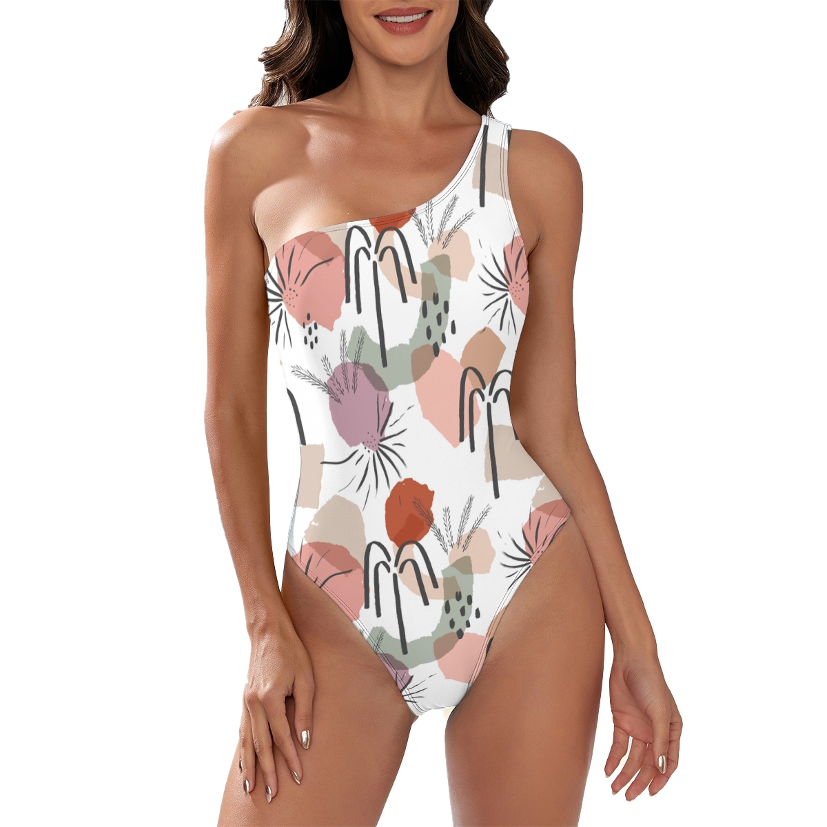 Colorful Geometric Pattern One-Piece Swimsuit with Asymmetric Shoulder