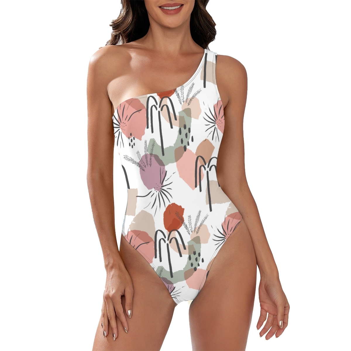 Colorful Geometric Pattern One-Piece Swimsuit with Asymmetric Shoulder