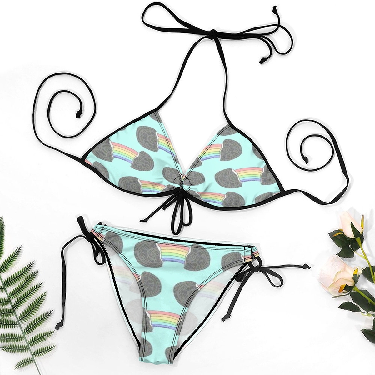 Women's Two-Piece Bikini with Rainbow Motif and Chocolate Dot Accents