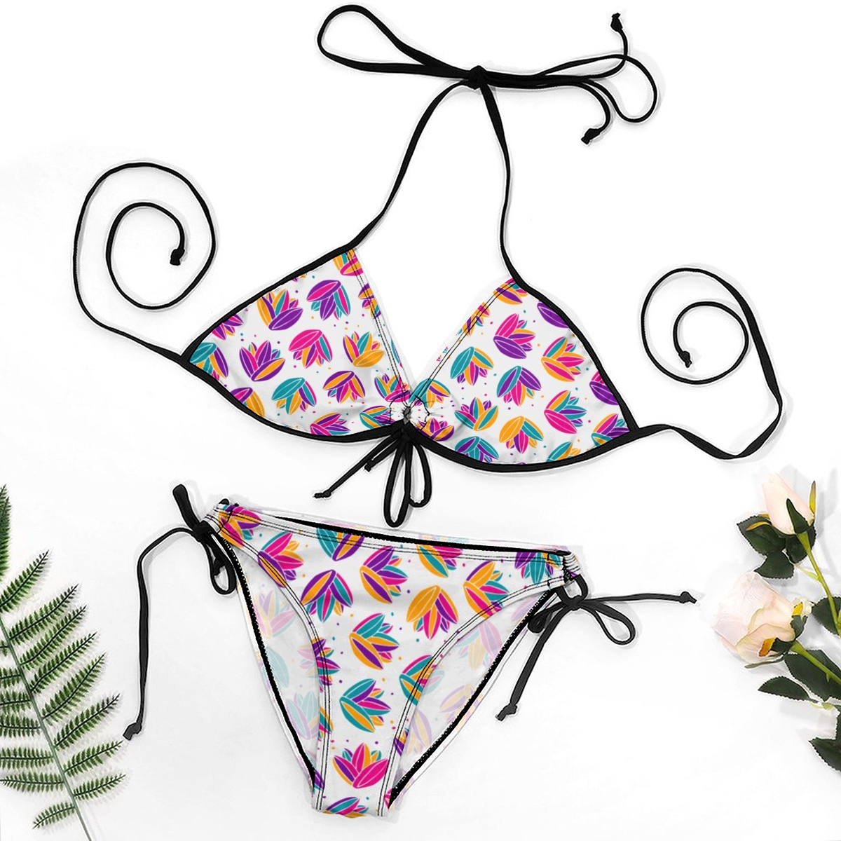 Women's Colorful Printed Bikini with Tropical Vibes and Black Strap Accents