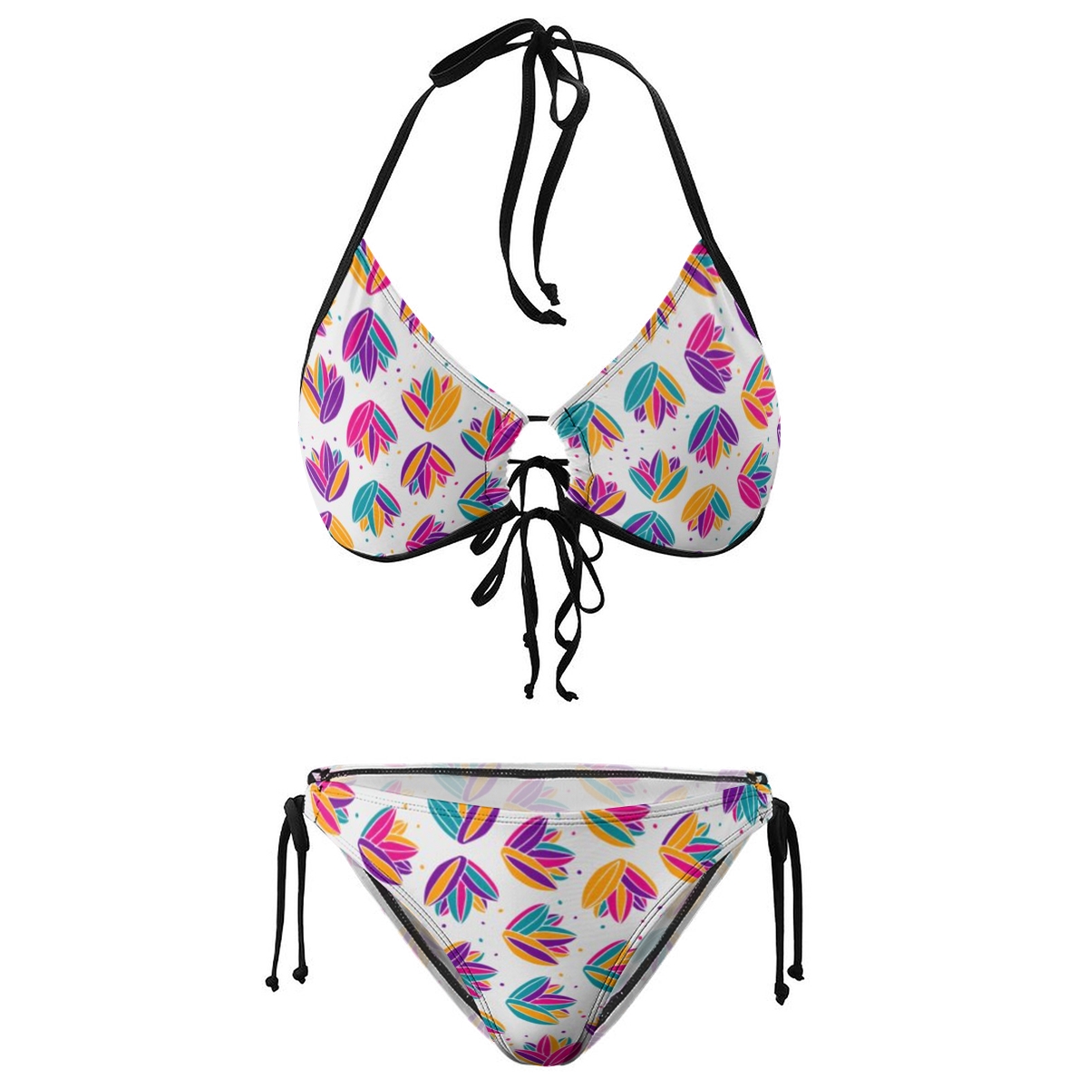 Women's Colorful Printed Bikini with Tropical Vibes and Black Strap Accents