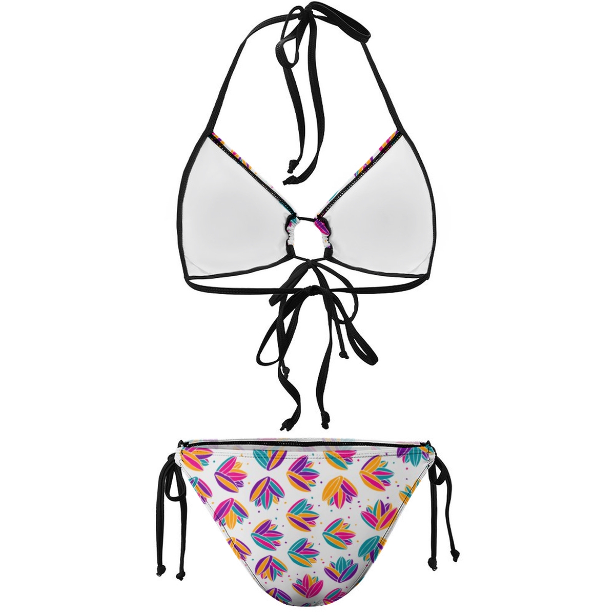 Women's Colorful Printed Bikini with Tropical Vibes and Black Strap Accents