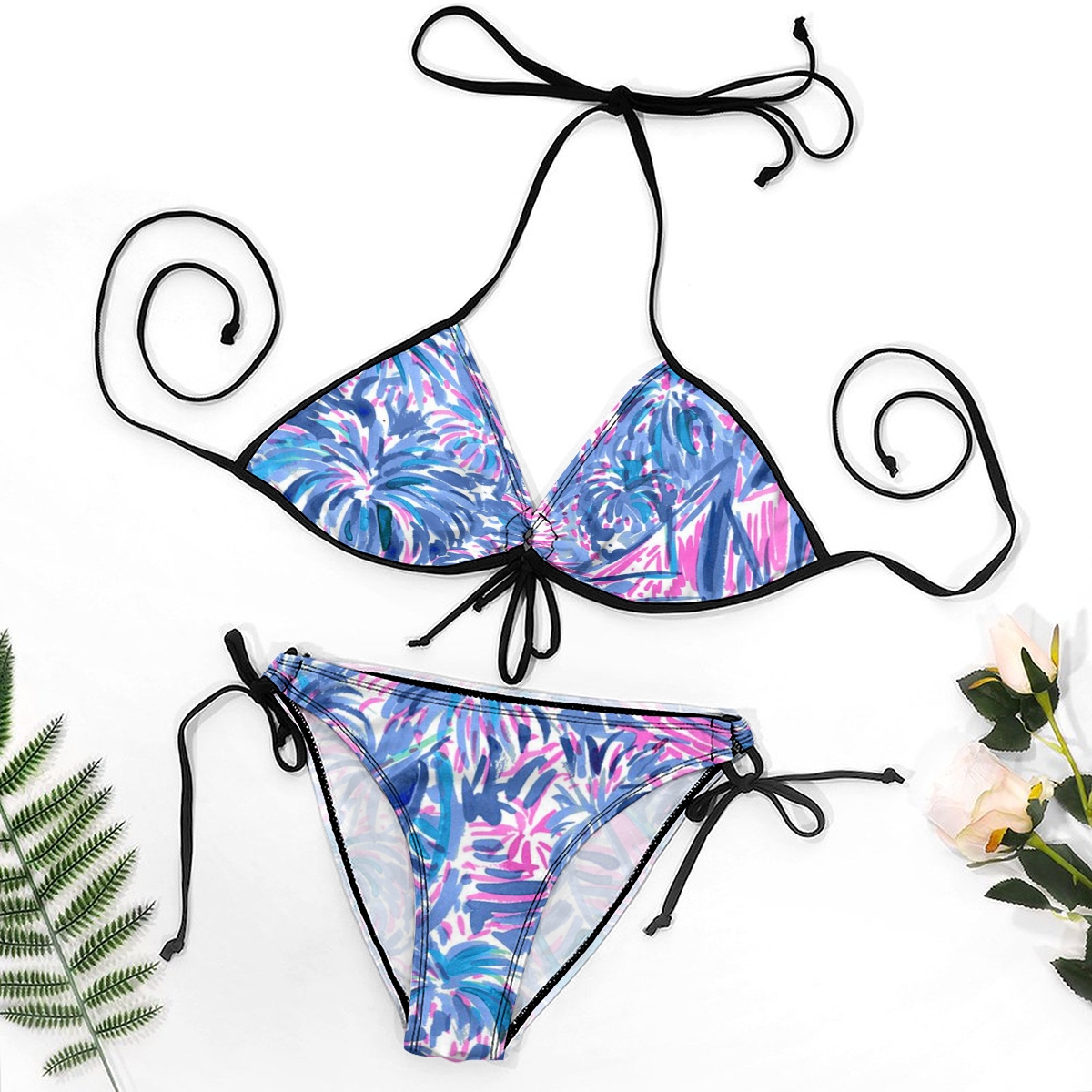 Women's Blue & Purple Print Bikini Set with Artistic Vibes and Black Straps