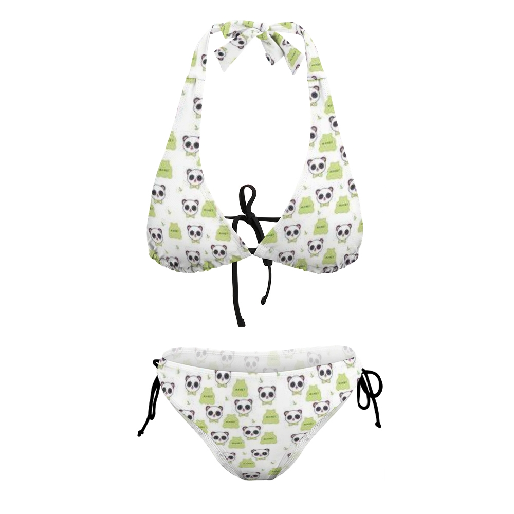 Animal-Themed Bikini with Black & White Panda Faces and Leafy Details