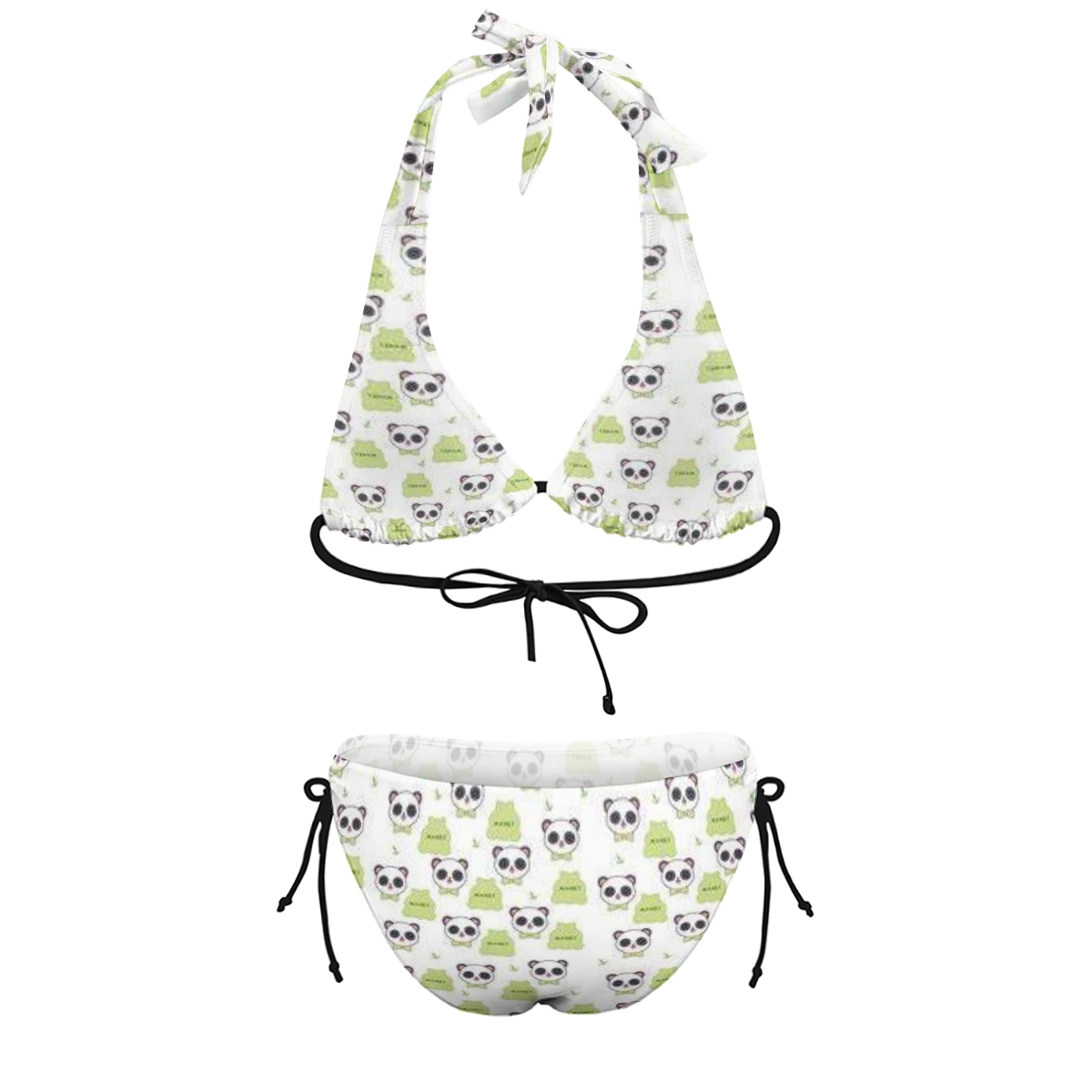 Animal-Themed Bikini with Black & White Panda Faces and Leafy Details