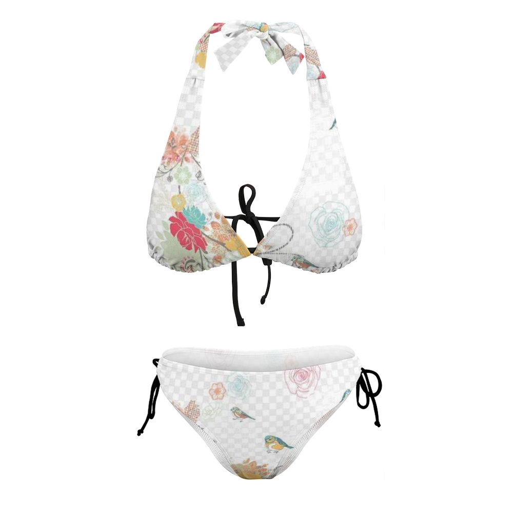Floral & Bird Print Halter Bikini Set for Women