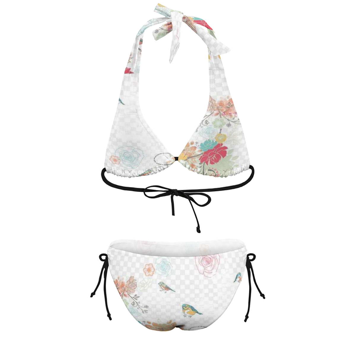 Floral & Bird Print Halter Bikini Set for Women