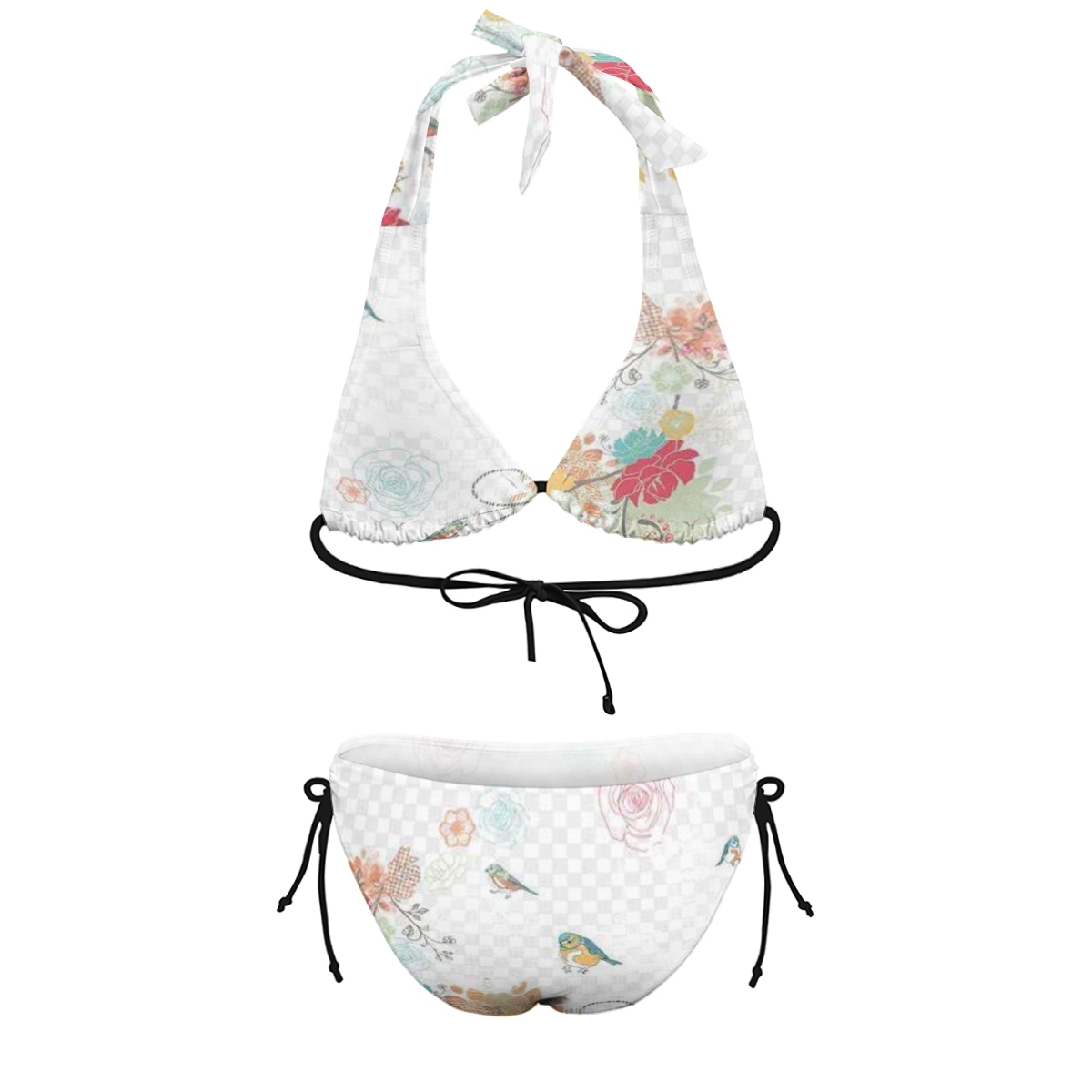 Floral & Bird Print Halter Bikini Set for Women