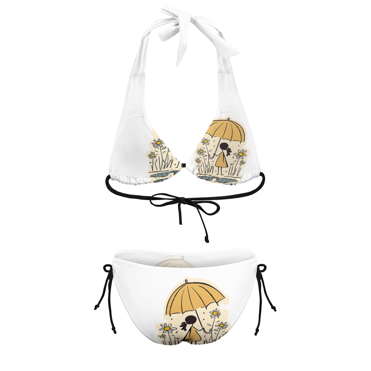Women's Art-Inspired Bikini with Umbrella Girl and Blooming Flowers