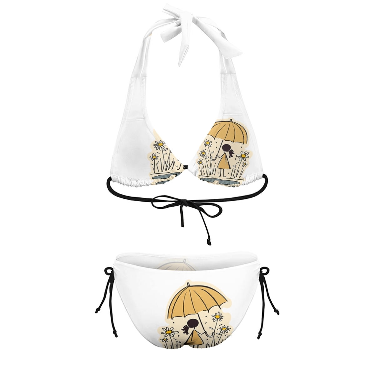 Women's Art-Inspired Bikini with Umbrella Girl and Blooming Flowers