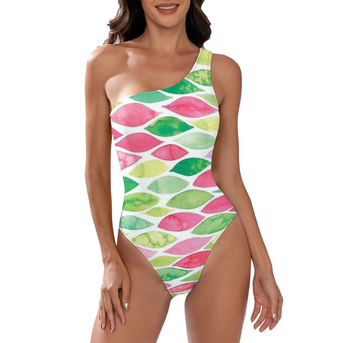 Stylish One Shoulder Swimsuit with Botanical Abstract Pattern
