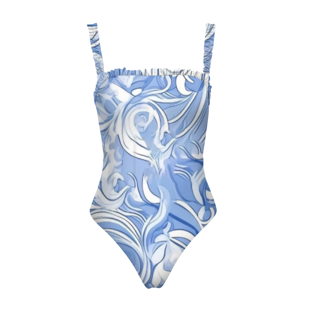 Ruffle Strap One Piece Swimsuit for Women Blue Swirl Pattern Monokini