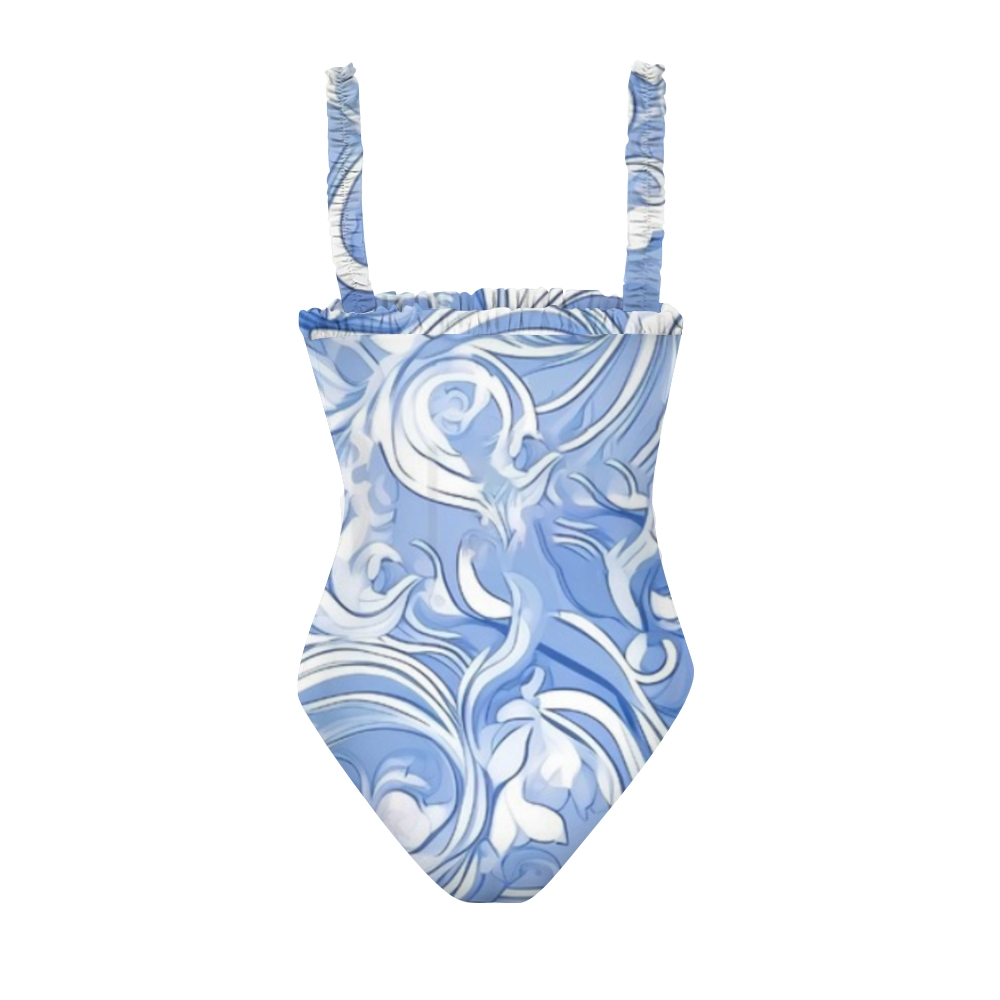 Ruffle Strap One Piece Swimsuit for Women Blue Swirl Pattern Monokini