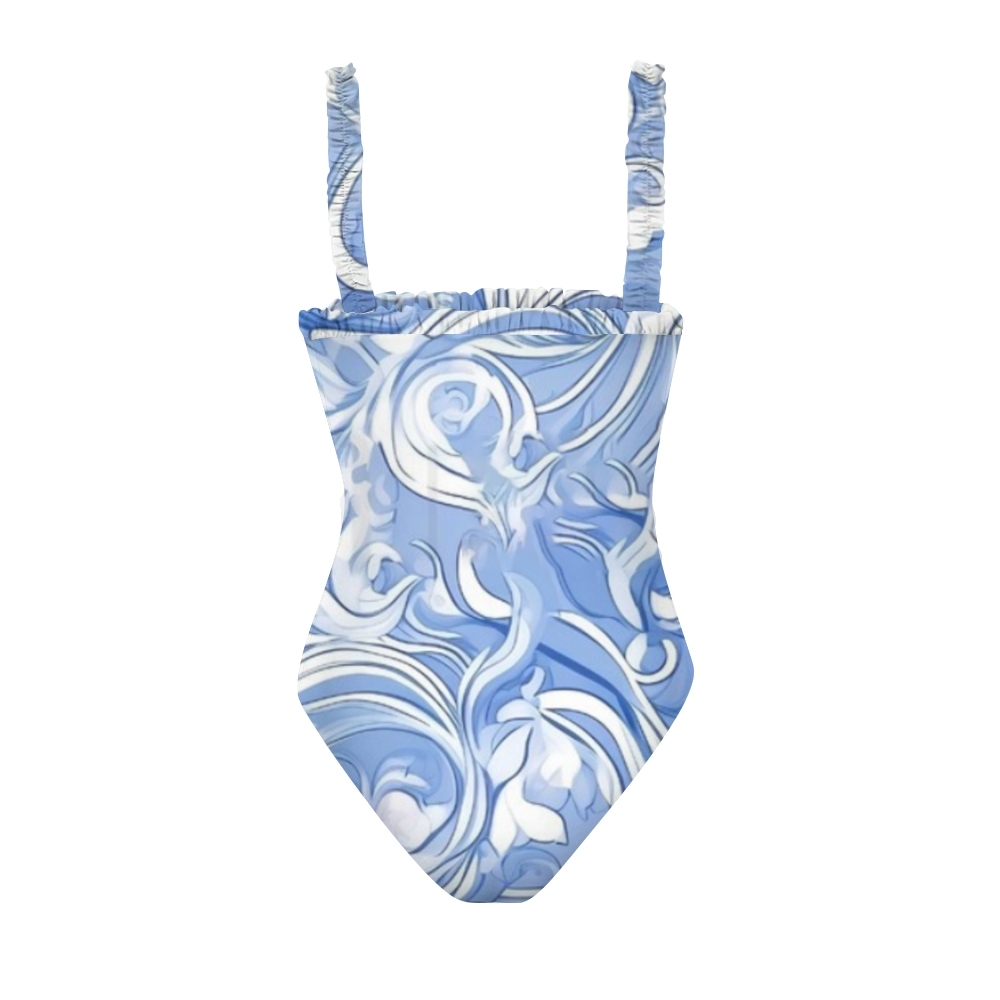 Ruffle Strap One Piece Swimsuit for Women Blue Swirl Pattern Monokini