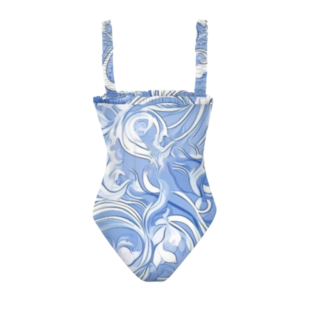 Ruffle Strap One Piece Swimsuit for Women Blue Swirl Pattern Monokini