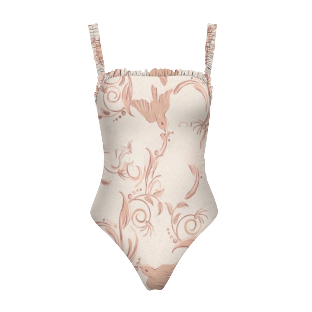 Chic One Piece Swimsuit for Women Nature Inspired Print Ruffle Shoulder Design