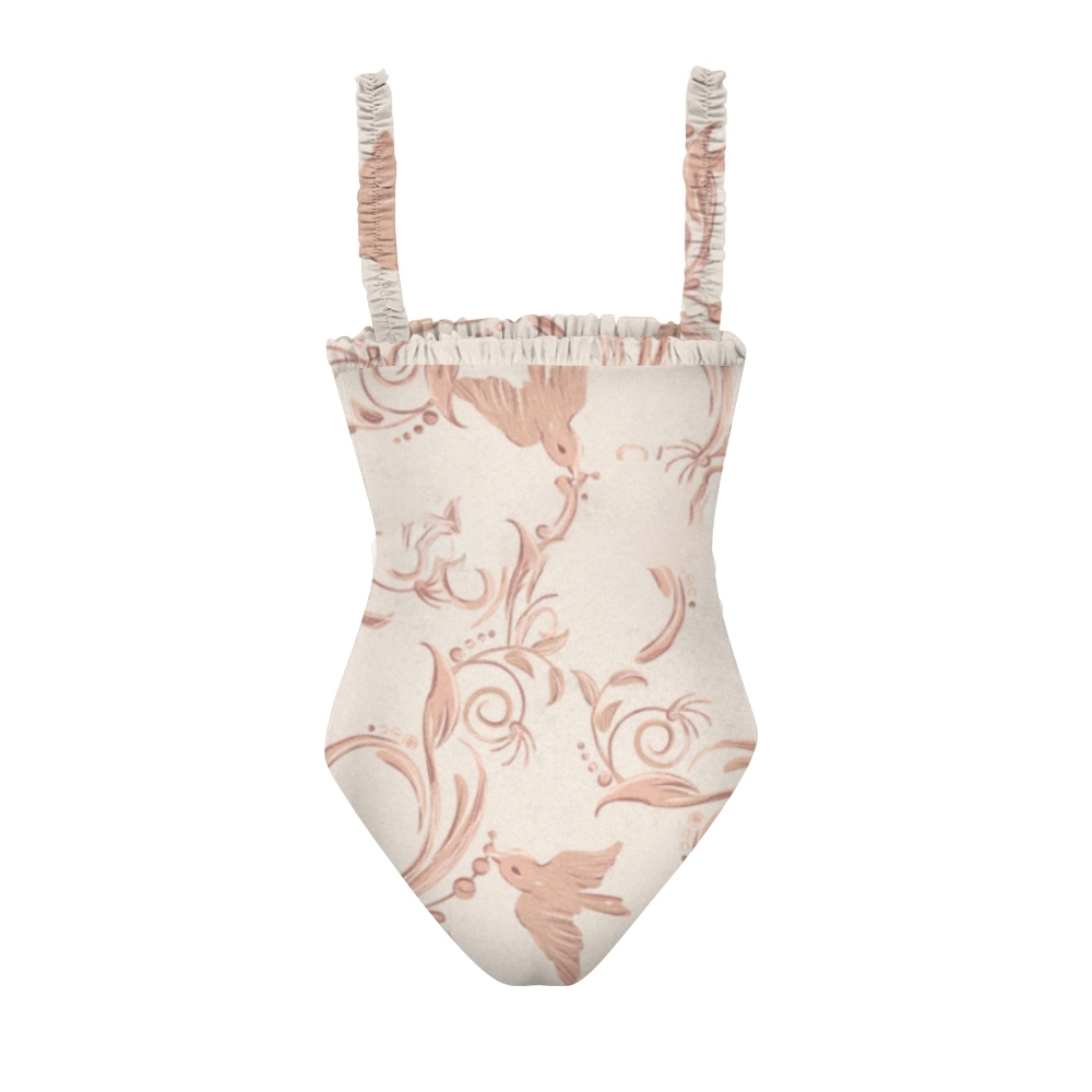 Chic One Piece Swimsuit for Women Nature Inspired Print Ruffle Shoulder Design