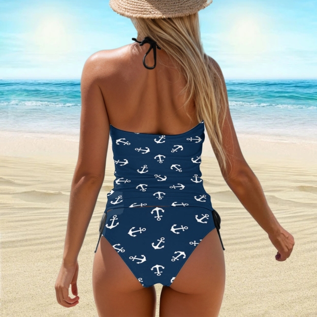 Women's Nautical Tankini Set with Adjustable Side Ties and Anchor Print